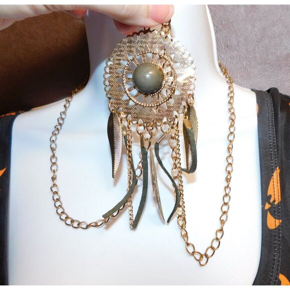 Bohemian Medallion Necklace Grey And Gold Tone With Fringe - Picture 1 of 5